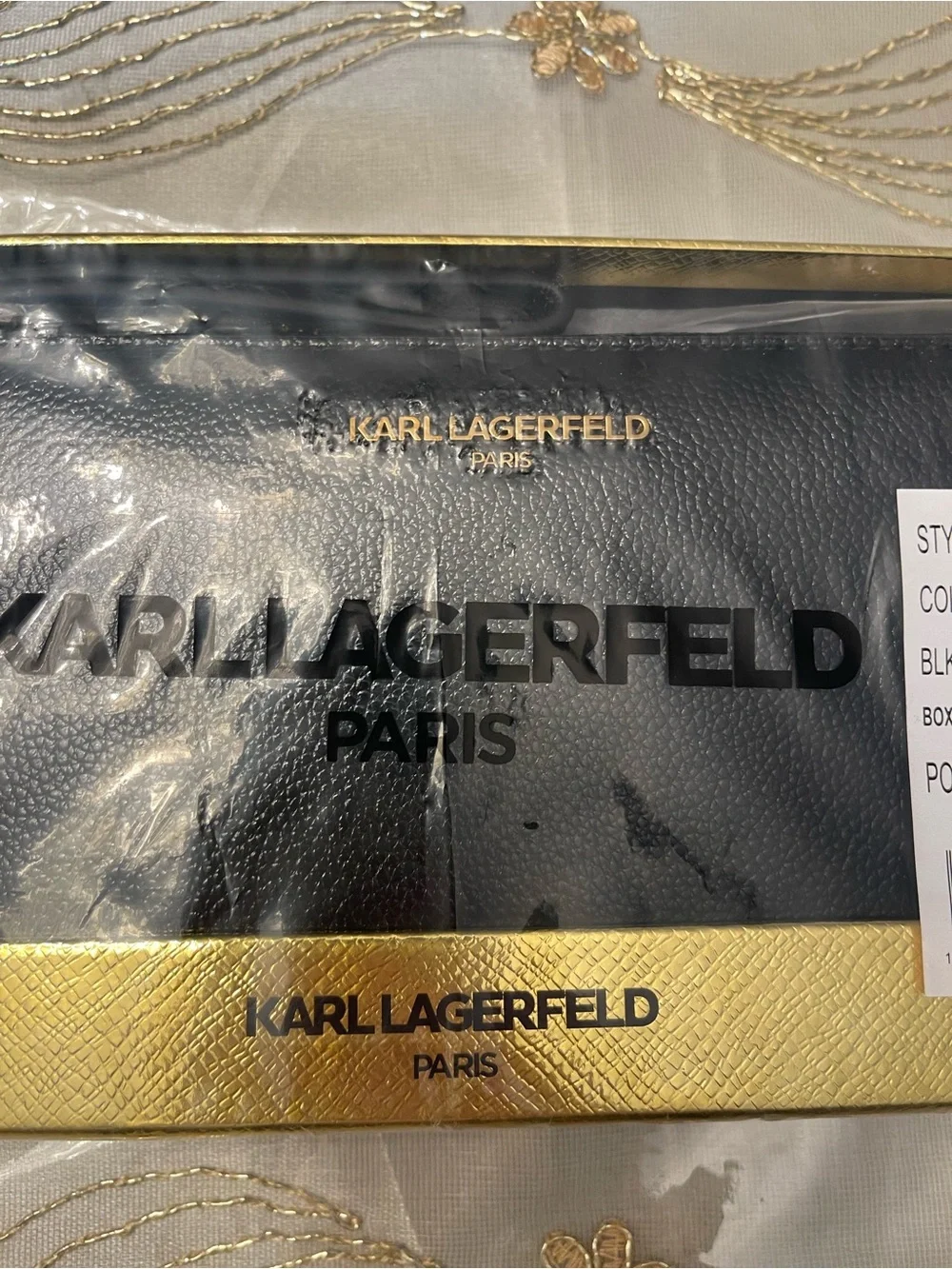 Karl Lagerfeld Black Pebbled Leather Zip Wristlet with Gold Logo
